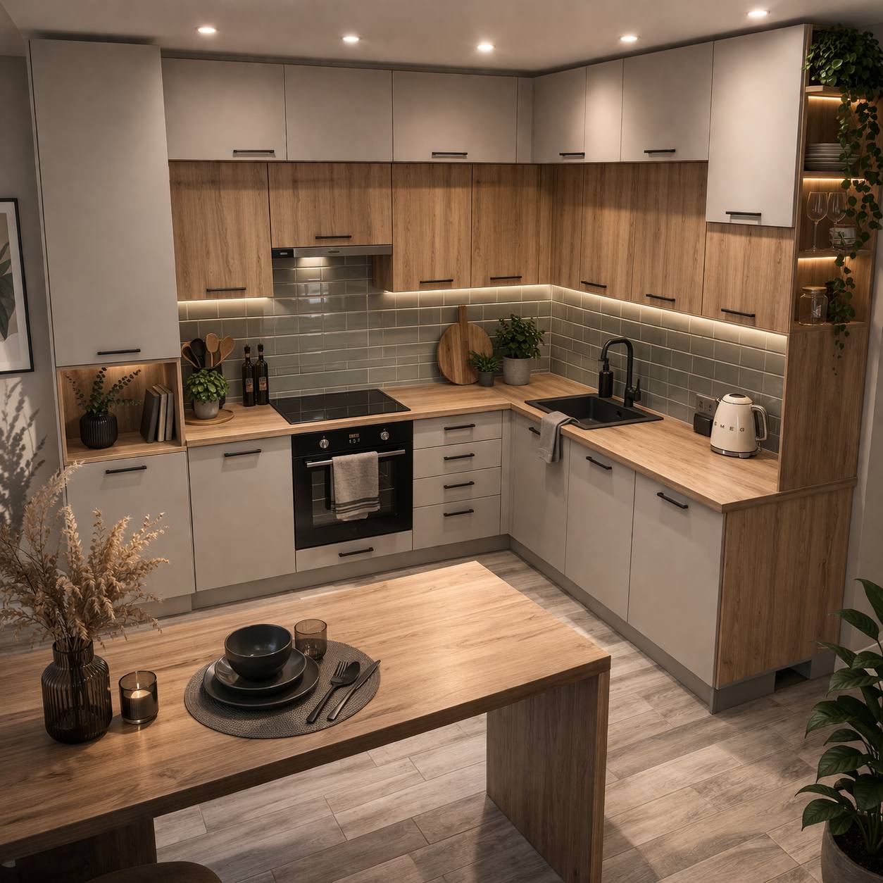 Угловая кухня с верхними и нижними шкафами, открытыми полками