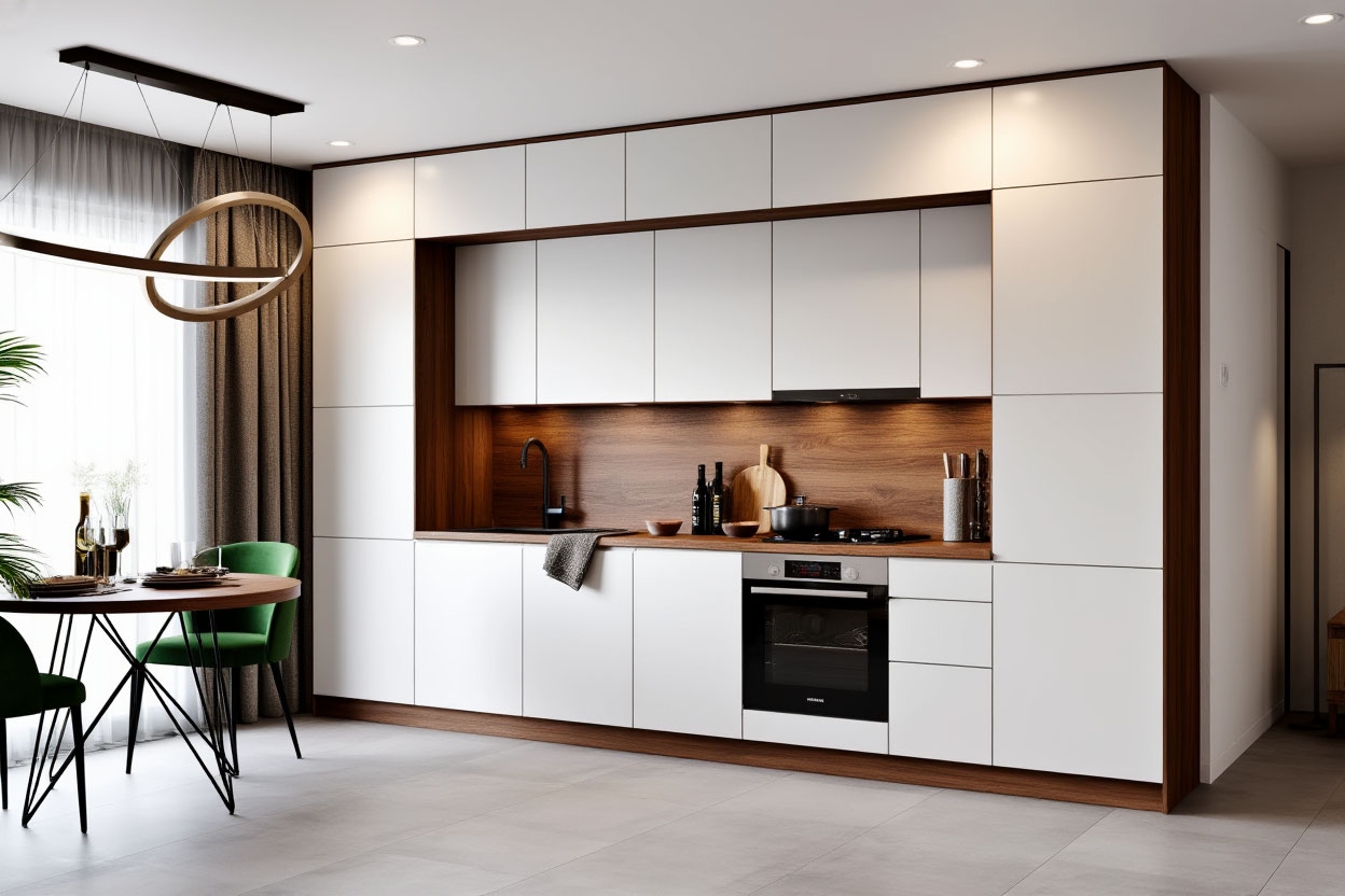 Прямая модульная кухня с элементами угловой планировки